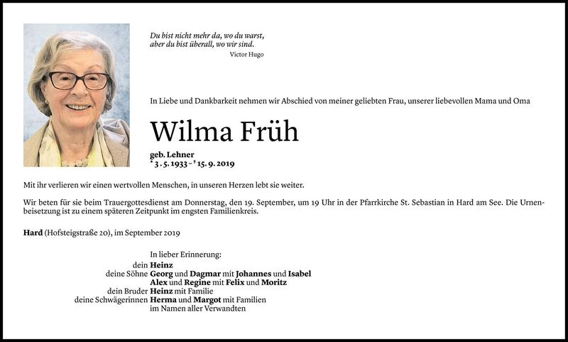  Todesanzeige für Wilma Früh vom 16.09.2019 aus Vorarlberger Nachrichten