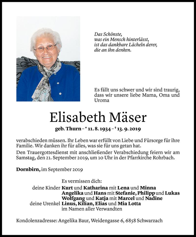  Todesanzeige für Elisabeth Mäser vom 17.09.2019 aus Vorarlberger Nachrichten