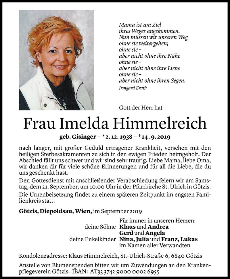  Todesanzeige für Imelda Himmelreich vom 18.09.2019 aus Vorarlberger Nachrichten