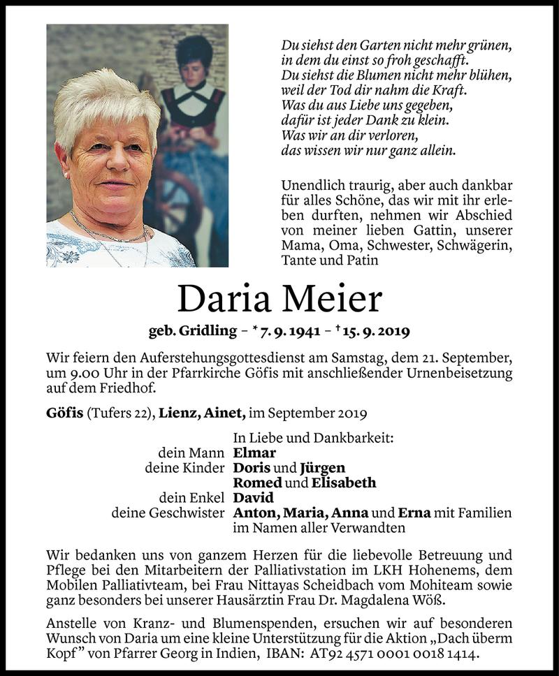  Todesanzeige für Daria Meier vom 18.09.2019 aus Vorarlberger Nachrichten