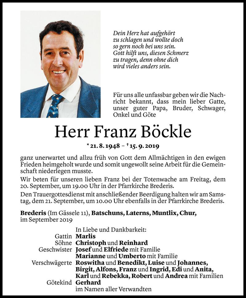  Todesanzeige für Franz Böckle vom 18.09.2019 aus Vorarlberger Nachrichten