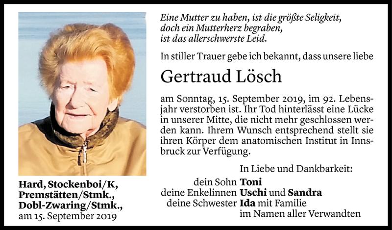  Todesanzeige für Gertraud Lösch vom 18.09.2019 aus Vorarlberger Nachrichten