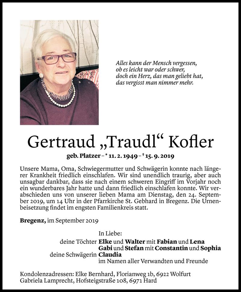  Todesanzeige für Gertraud Kofler vom 20.09.2019 aus Vorarlberger Nachrichten