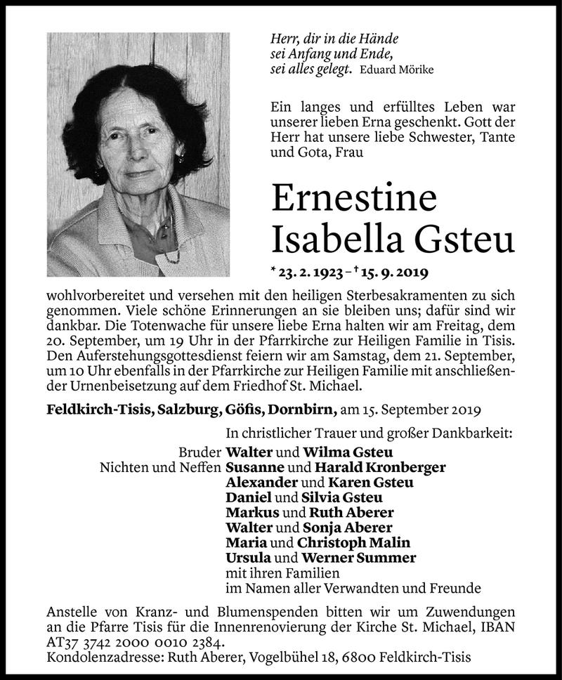  Todesanzeige für Ernestine Gsteu vom 18.09.2019 aus Vorarlberger Nachrichten