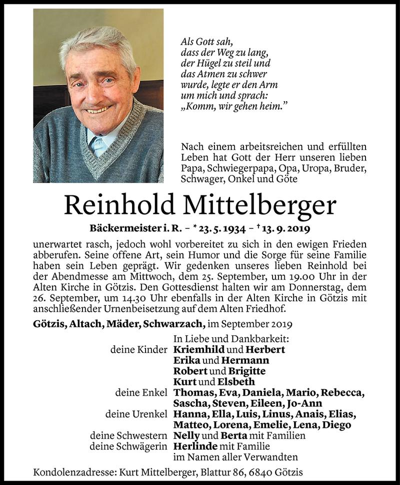  Todesanzeige für Reinhold Mittelberger vom 23.09.2019 aus Vorarlberger Nachrichten