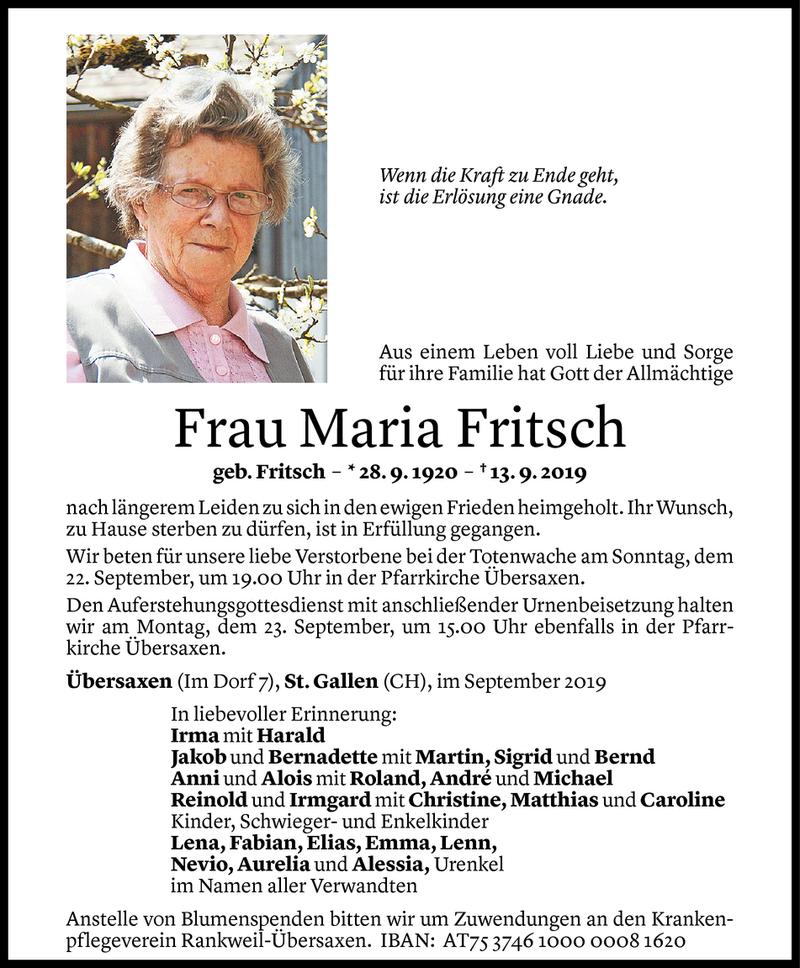  Todesanzeige für Maria Fritsch vom 19.09.2019 aus Vorarlberger Nachrichten