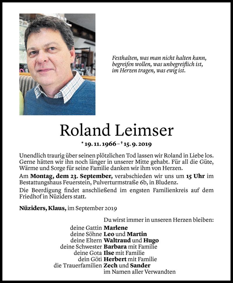  Todesanzeige für Roland Leimser vom 19.09.2019 aus Vorarlberger Nachrichten