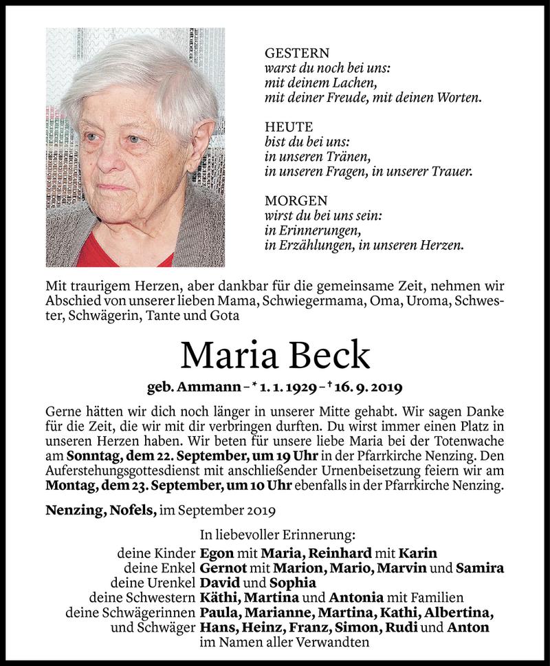  Todesanzeige für Maria Beck vom 20.09.2019 aus Vorarlberger Nachrichten