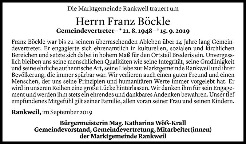  Todesanzeige für Franz Böckle vom 18.09.2019 aus Vorarlberger Nachrichten