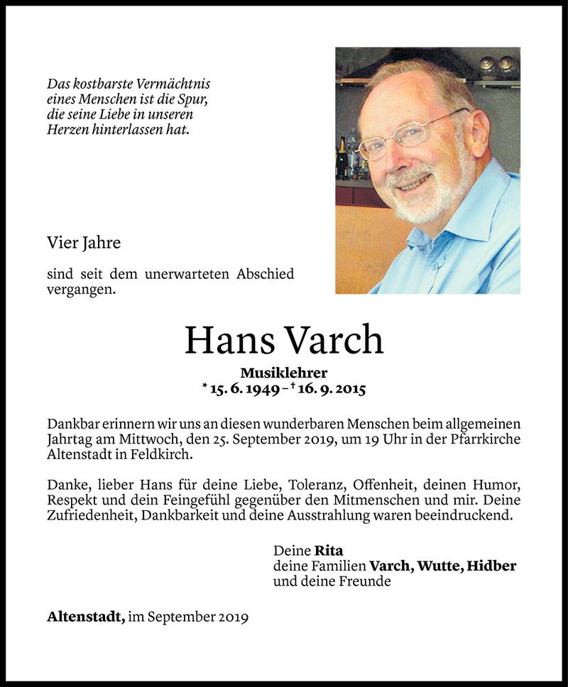  Todesanzeige für Hans Varch vom 20.09.2019 aus Vorarlberger Nachrichten