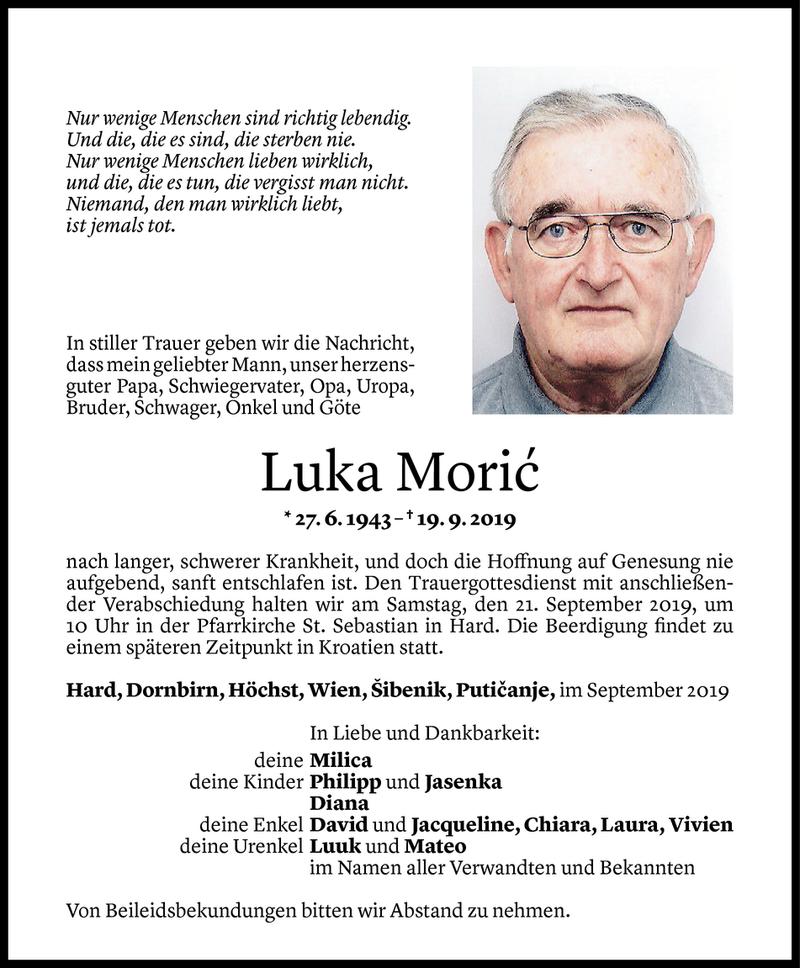  Todesanzeige für Luka Moric vom 19.09.2019 aus Vorarlberger Nachrichten