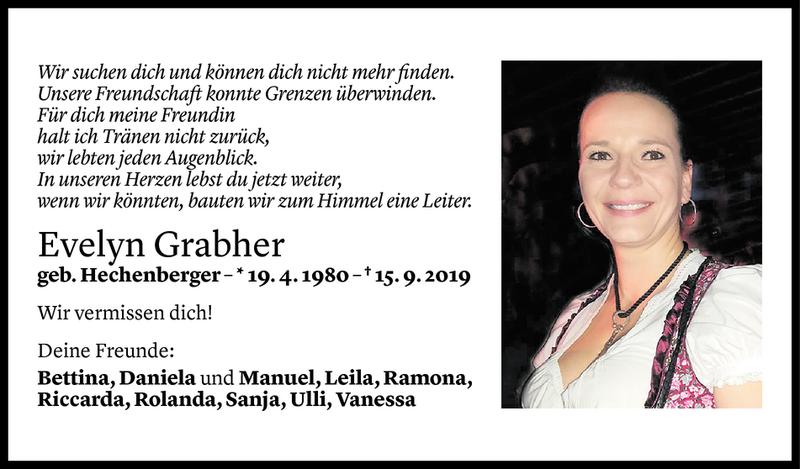  Todesanzeige für Evelyn Grabher vom 20.09.2019 aus Vorarlberger Nachrichten
