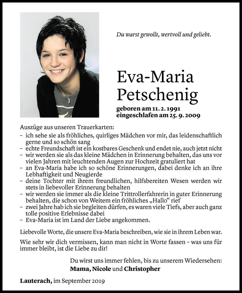  Todesanzeige für Eva-Maria Petschenig vom 24.09.2019 aus Vorarlberger Nachrichten