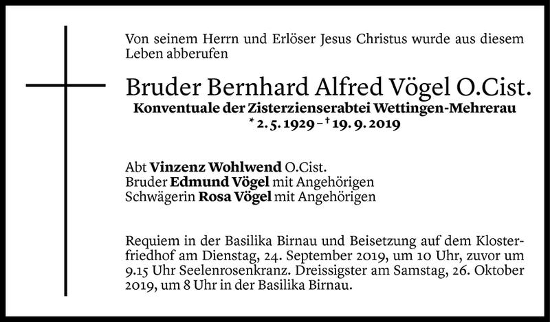  Todesanzeige für Bernhard Alfred Vögel vom 20.09.2019 aus Vorarlberger Nachrichten