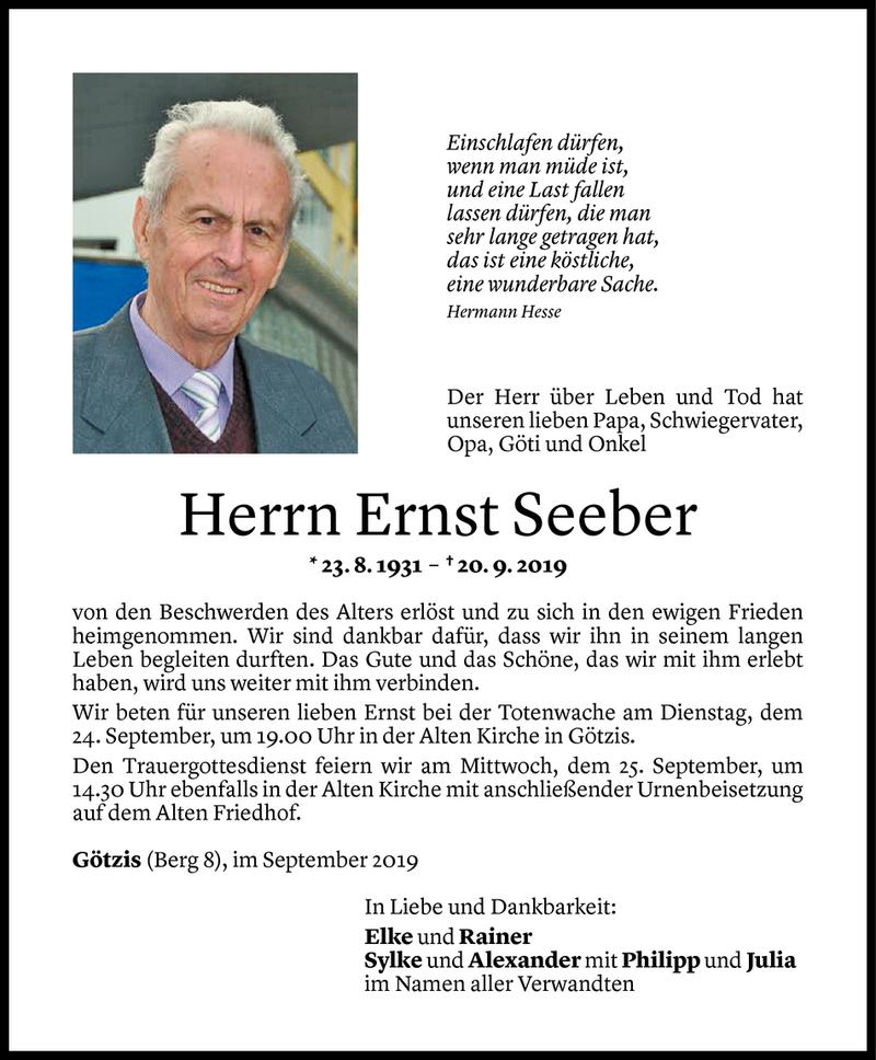  Todesanzeige für Ernst Seeber vom 21.09.2019 aus Vorarlberger Nachrichten