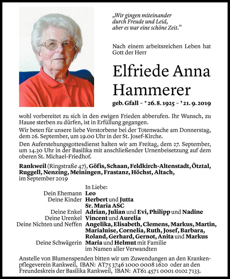  Todesanzeige für Elfriede Anna Hammerer vom 23.09.2019 aus Vorarlberger Nachrichten