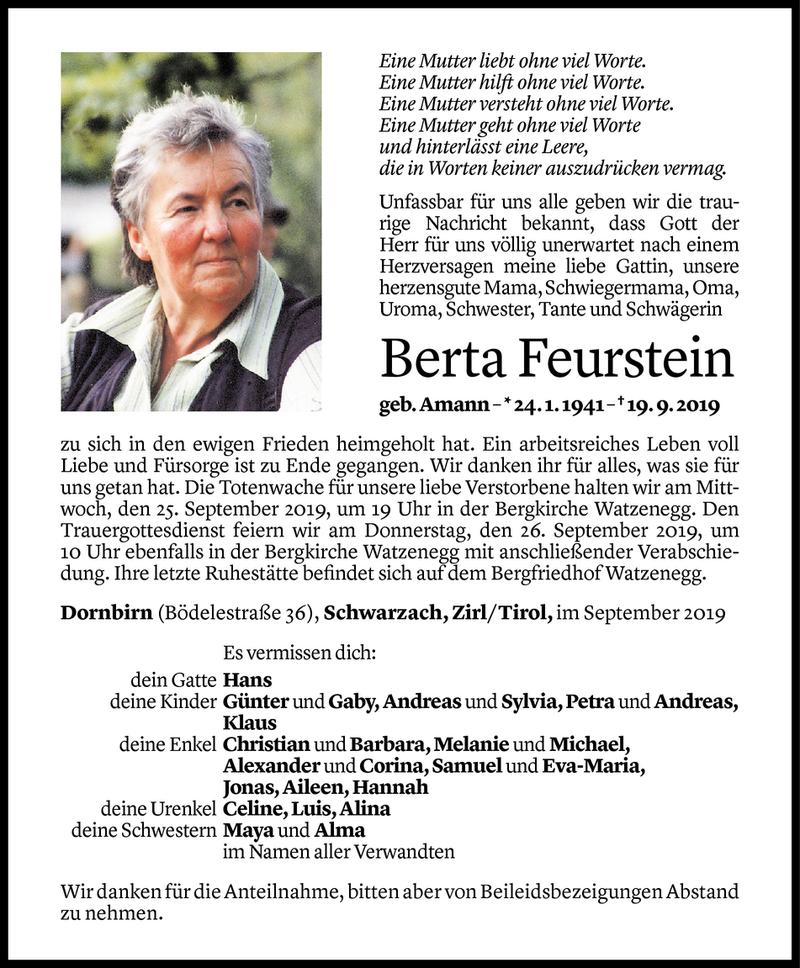  Todesanzeige für Berta Feurstein vom 22.09.2019 aus Vorarlberger Nachrichten