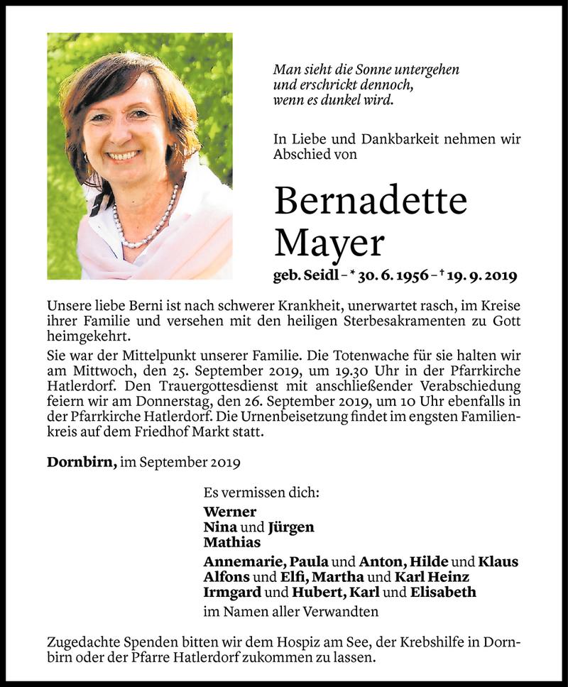  Todesanzeige für Bernadette Mayer vom 22.09.2019 aus Vorarlberger Nachrichten