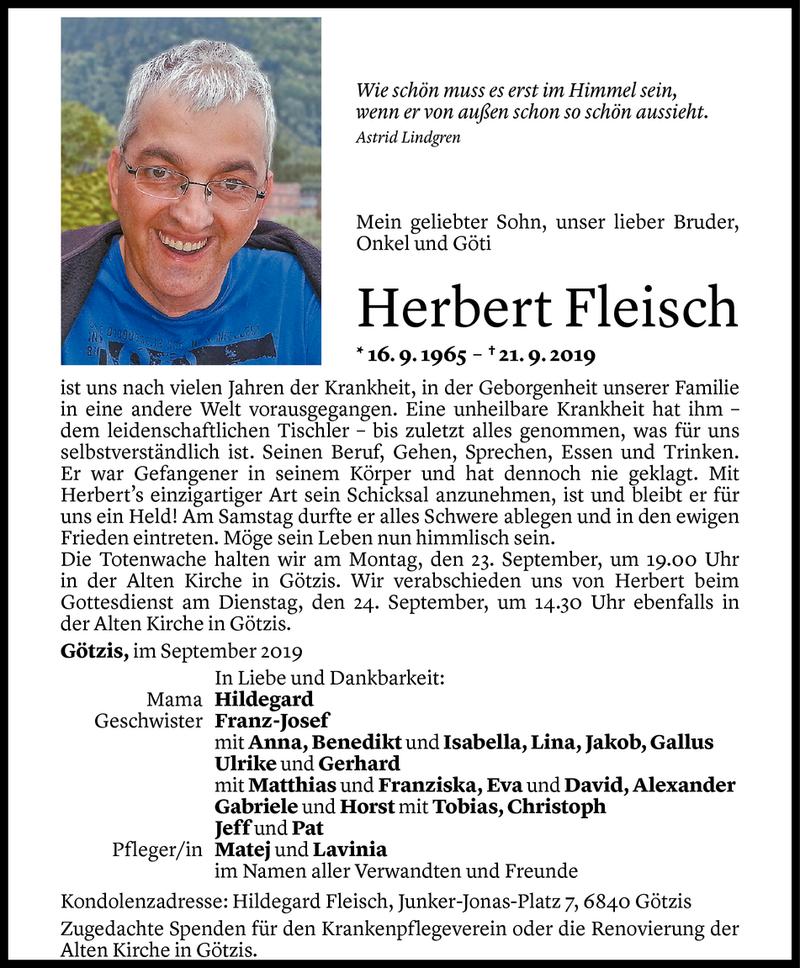  Todesanzeige für Herbert Fleisch vom 23.09.2019 aus Vorarlberger Nachrichten