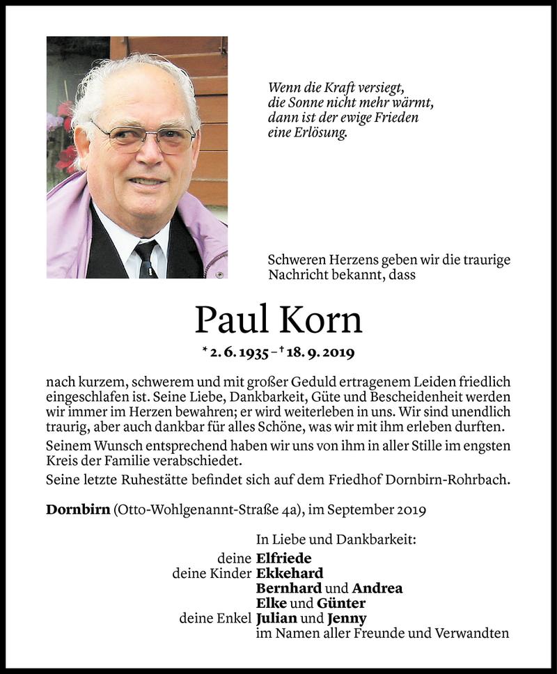  Todesanzeige für Paul Korn vom 24.09.2019 aus Vorarlberger Nachrichten