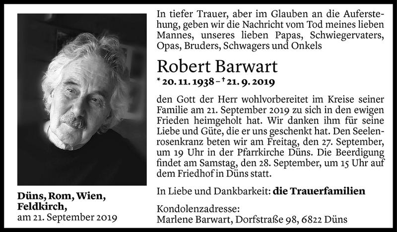 Todesanzeige für Robert Barwart vom 24.09.2019 aus Vorarlberger Nachrichten