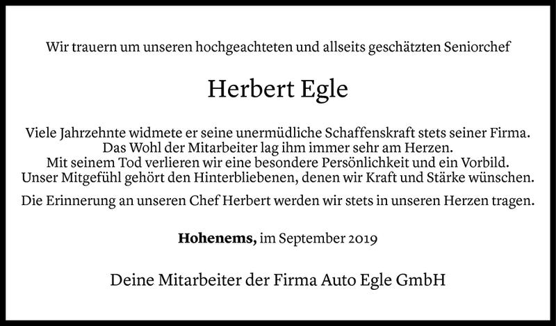  Todesanzeige für Herbert Egle vom 25.09.2019 aus Vorarlberger Nachrichten