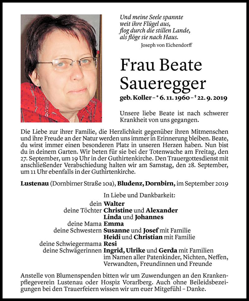  Todesanzeige für Beate Saueregger vom 24.09.2019 aus Vorarlberger Nachrichten