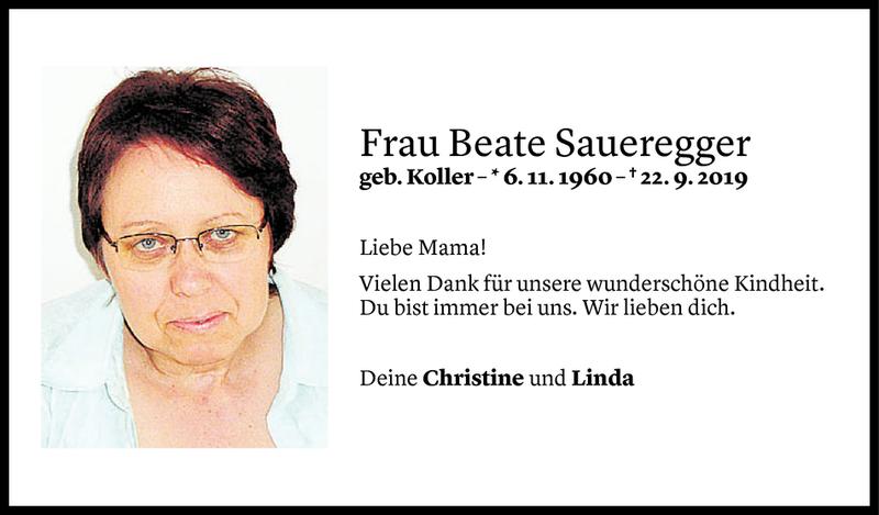  Todesanzeige für Beate Saueregger vom 24.09.2019 aus Vorarlberger Nachrichten