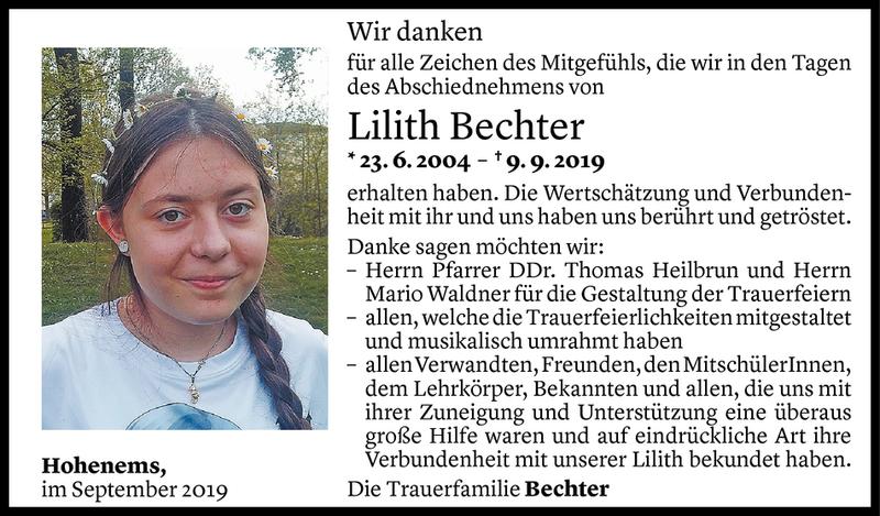 Todesanzeige für Lilith Bechter vom 26.09.2019 aus Vorarlberger Nachrichten