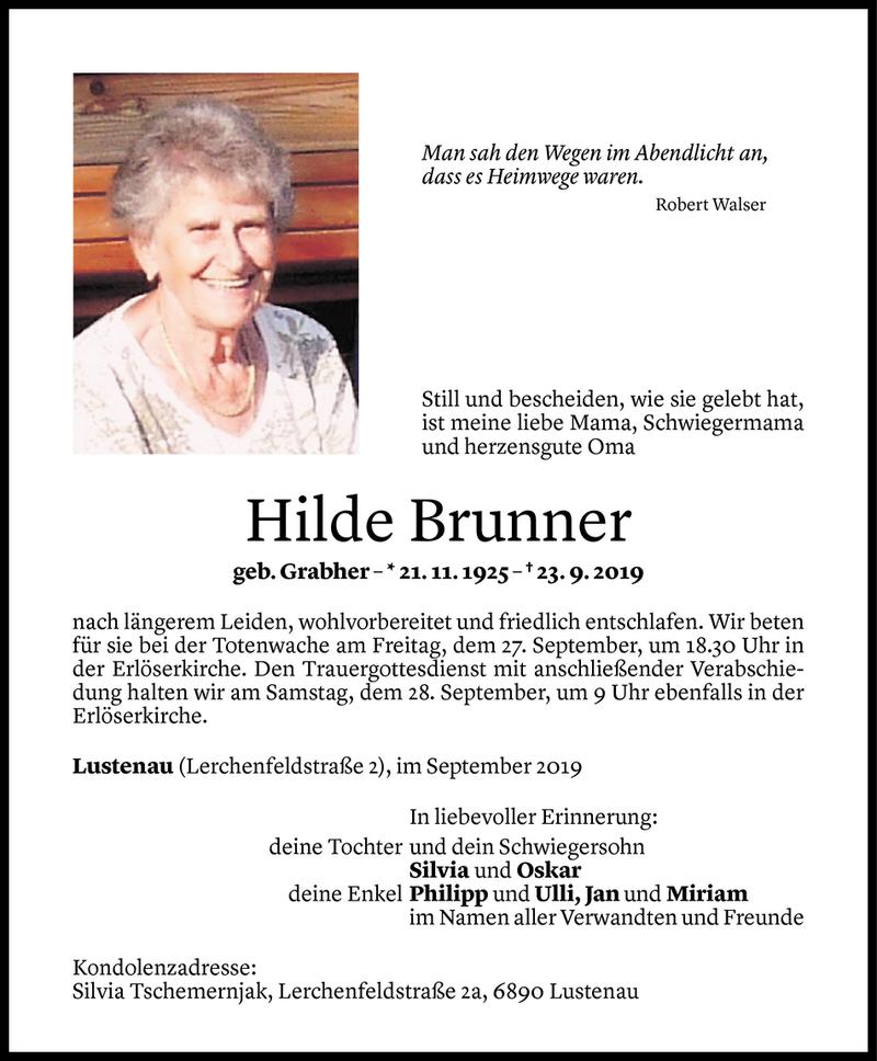  Todesanzeige für Hilde Brunner vom 24.09.2019 aus Vorarlberger Nachrichten