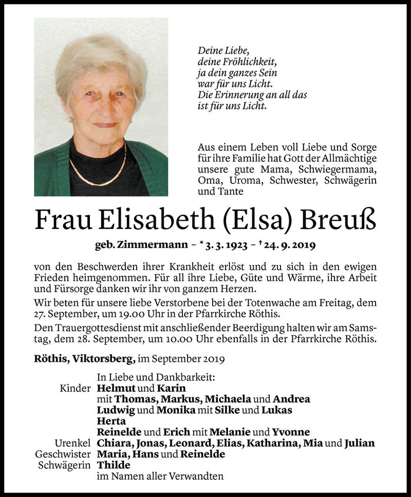  Todesanzeige für Elisabeth Breuß vom 26.09.2019 aus Vorarlberger Nachrichten