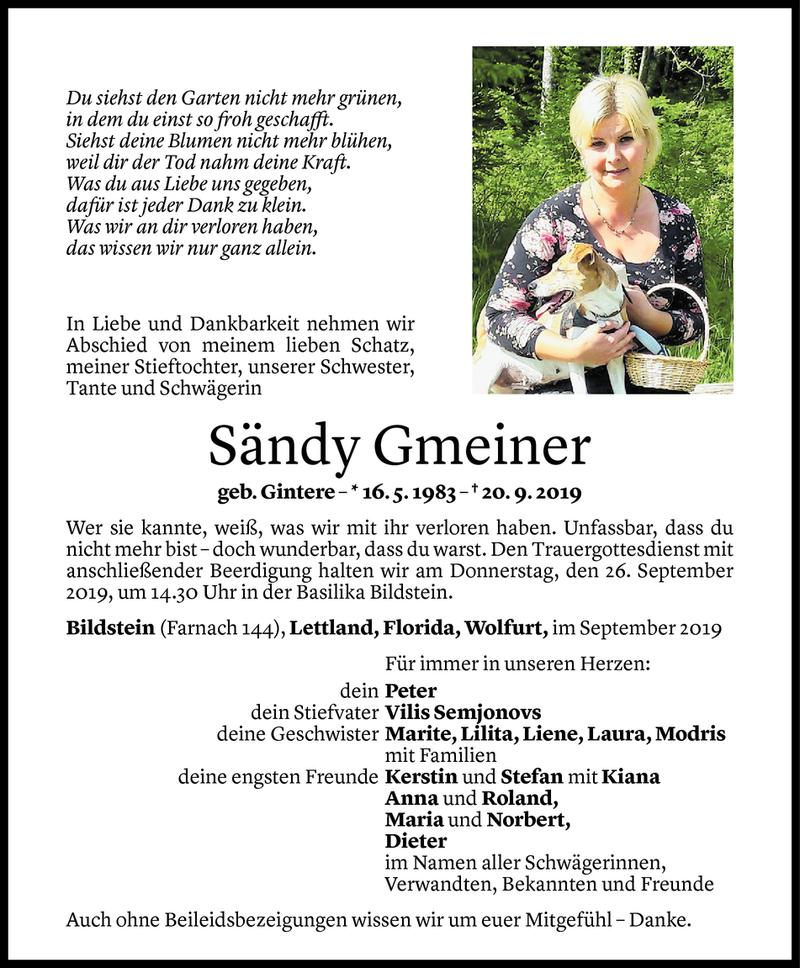  Todesanzeige für Sändy Gmeiner vom 24.09.2019 aus Vorarlberger Nachrichten