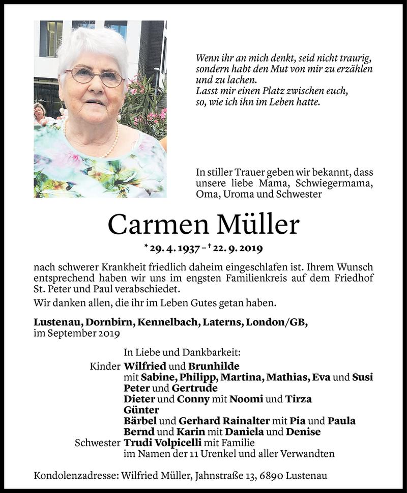  Todesanzeige für Carmen Müller vom 26.09.2019 aus Vorarlberger Nachrichten
