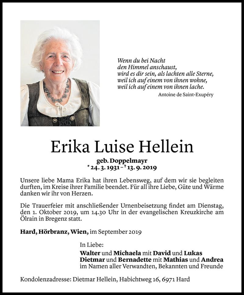  Todesanzeige für Erika Luise Hellein vom 25.09.2019 aus Vorarlberger Nachrichten