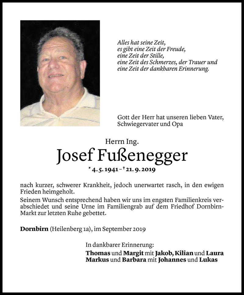  Todesanzeige für Josef Fußenegger vom 28.09.2019 aus Vorarlberger Nachrichten