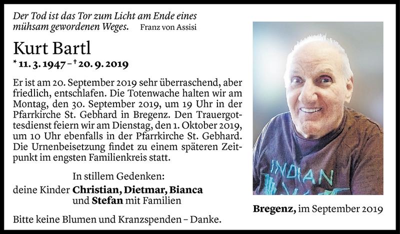  Todesanzeige für Kurt Bartl vom 27.09.2019 aus Vorarlberger Nachrichten