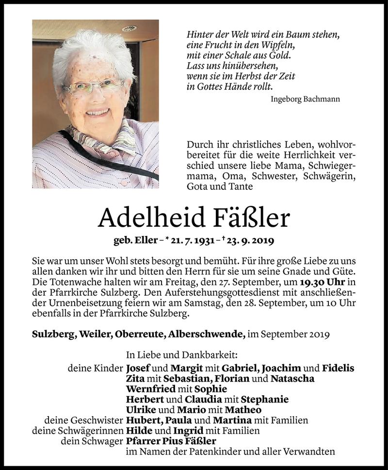  Todesanzeige für Adelheid Fäßler vom 25.09.2019 aus Vorarlberger Nachrichten