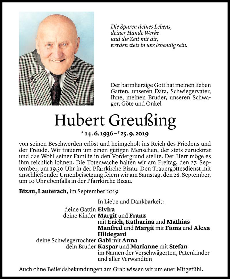  Todesanzeige für Hubert Greußing vom 25.09.2019 aus Vorarlberger Nachrichten