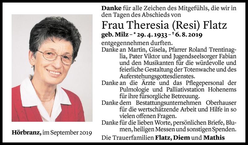  Todesanzeige für Theresia Flatz vom 27.09.2019 aus Vorarlberger Nachrichten