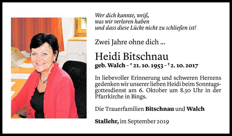  Todesanzeige für Heidi Bitschnau vom 30.09.2019 aus Vorarlberger Nachrichten