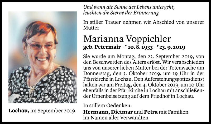  Todesanzeige für Marianna Voppichler vom 27.09.2019 aus Vorarlberger Nachrichten