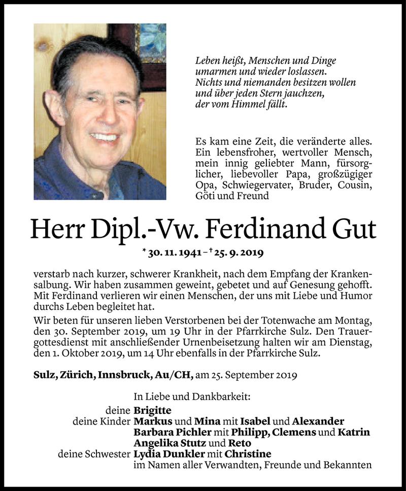  Todesanzeige für Ferdinand Gut vom 27.09.2019 aus Vorarlberger Nachrichten