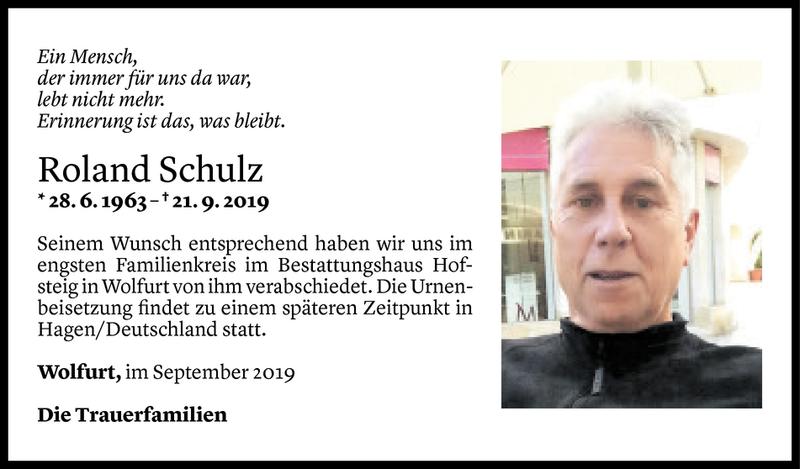  Todesanzeige für Roland Schulz vom 28.09.2019 aus Vorarlberger Nachrichten