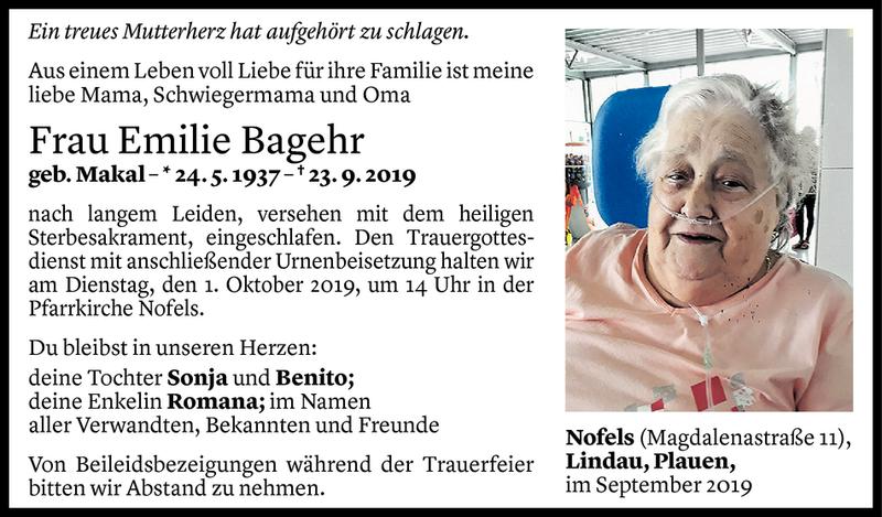  Todesanzeige für Emilie Bagehr vom 27.09.2019 aus Vorarlberger Nachrichten