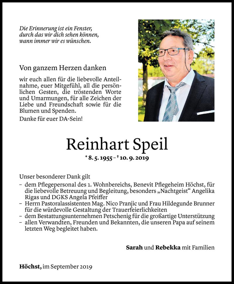  Todesanzeige für Reinhart Speil vom 27.09.2019 aus Vorarlberger Nachrichten