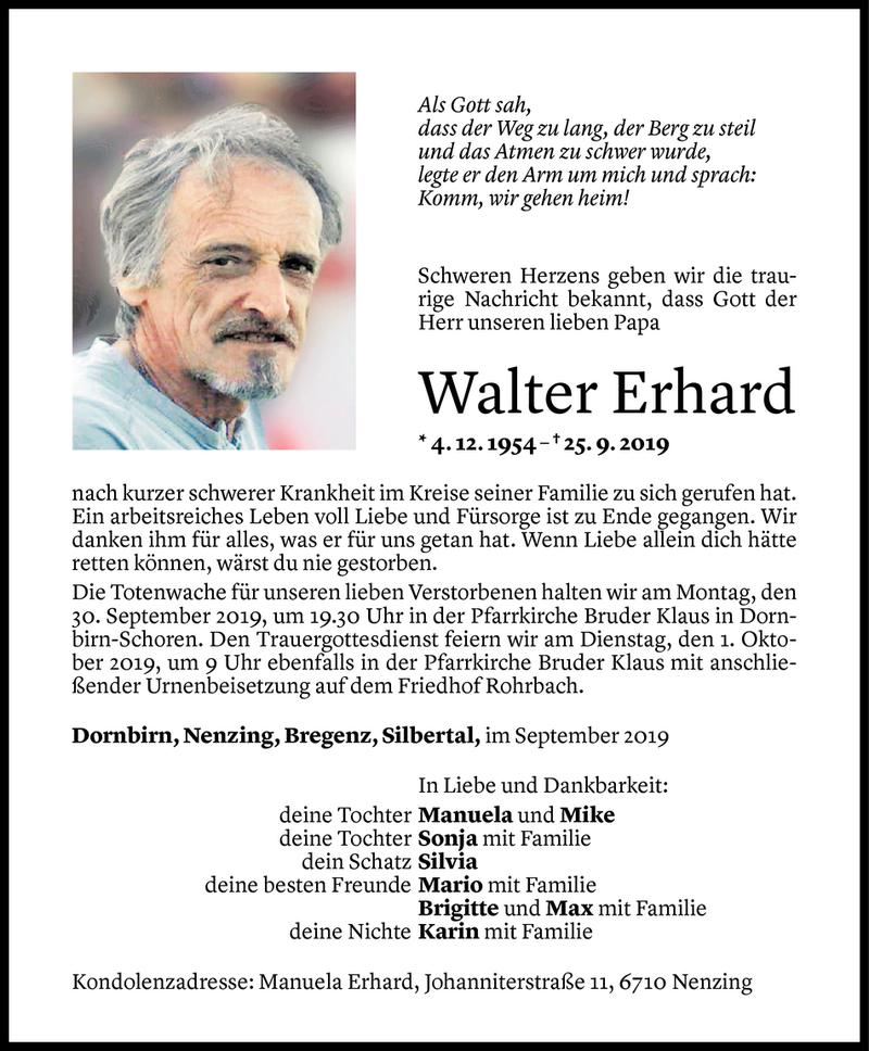  Todesanzeige für Walter Erhard vom 27.09.2019 aus Vorarlberger Nachrichten