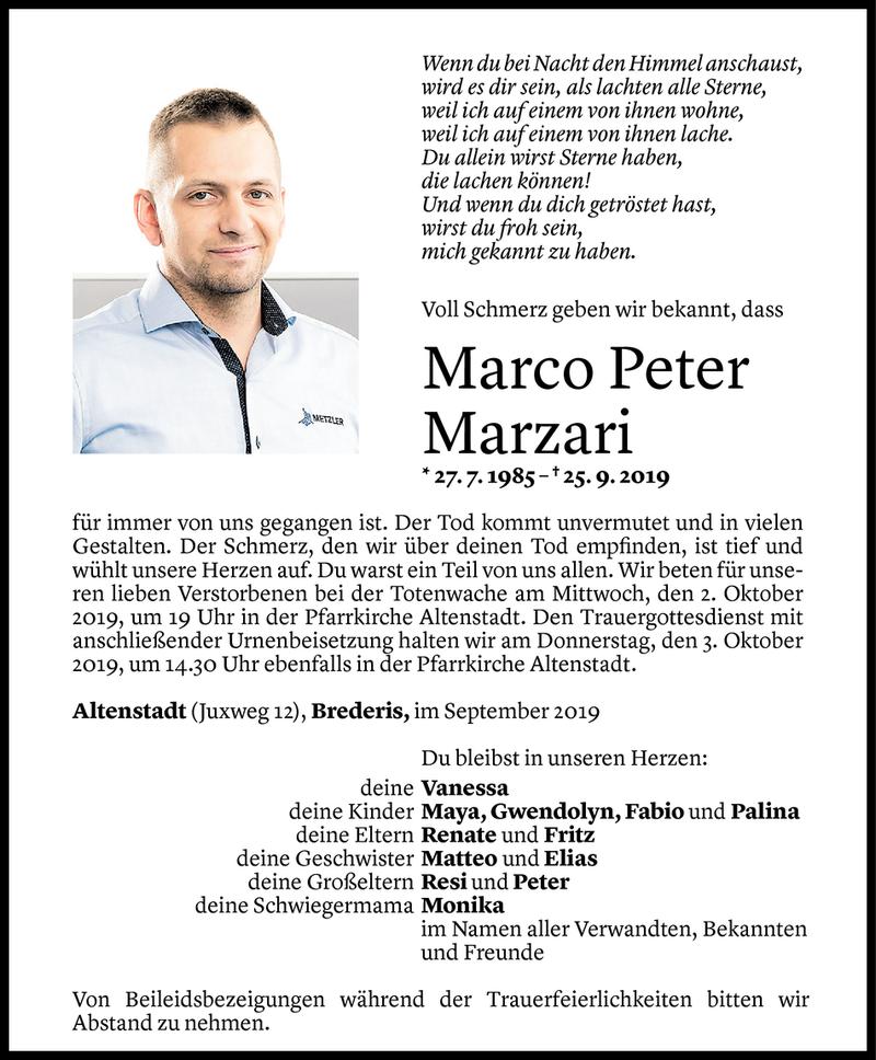  Todesanzeige für Marco Peter Marzari vom 29.09.2019 aus Vorarlberger Nachrichten
