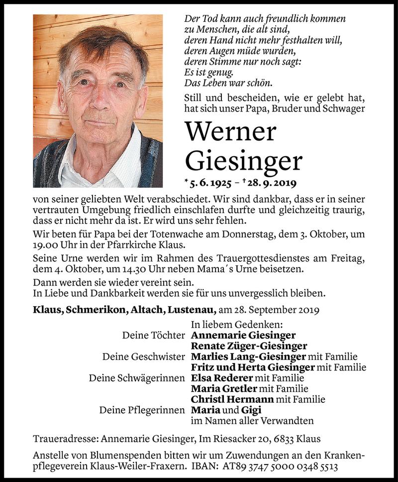  Todesanzeige für Werner Giesinger vom 01.10.2019 aus Vorarlberger Nachrichten