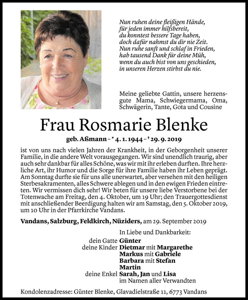  Todesanzeige für Rosmarie Blenke vom 01.10.2019 aus Vorarlberger Nachrichten