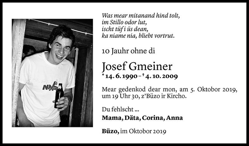  Todesanzeige für Josef Gmeiner vom 03.10.2019 aus Vorarlberger Nachrichten